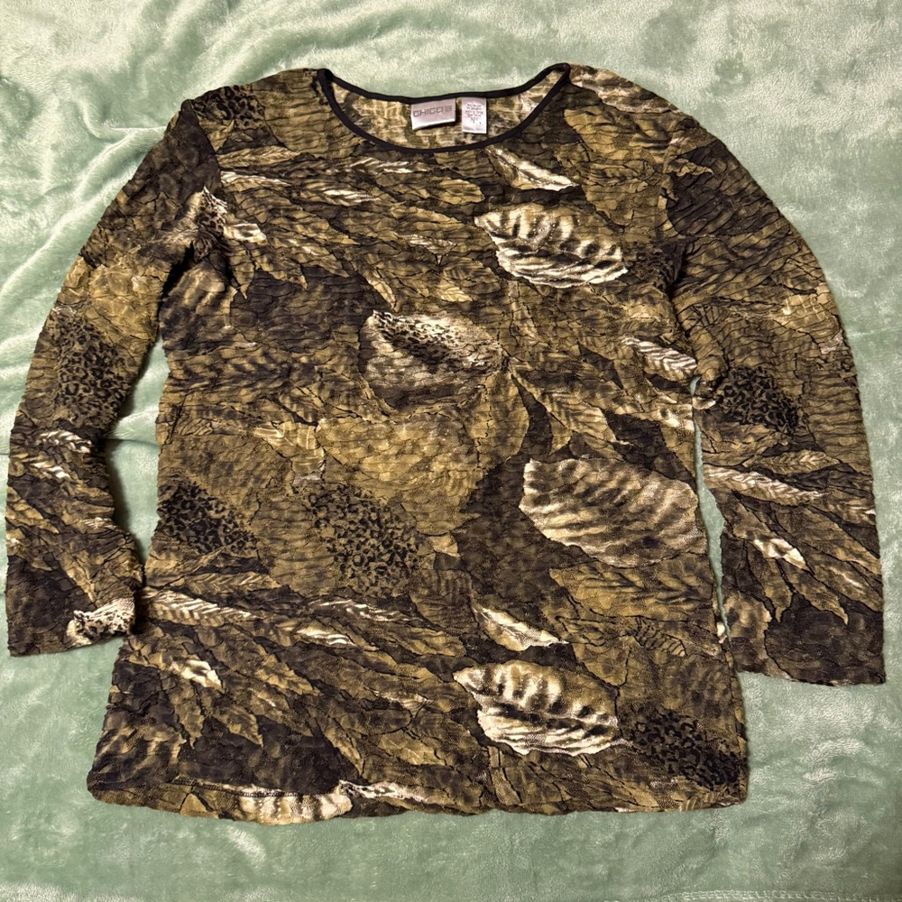 Chico's Y2K Crinkle Mesh Floral Long Sleeve Top - Size 1